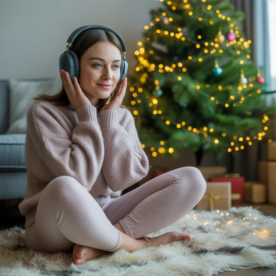 Kvinde sidder på gulvet med høretelefoner på og juletræ i baggrunden