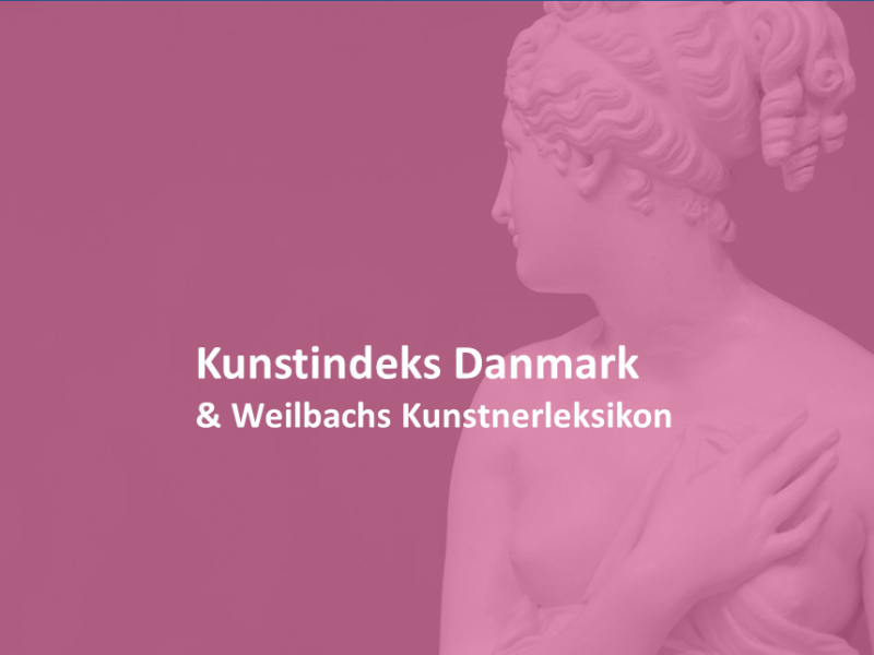 Logo med teksten kunstindeks danmark & weilbachs kunstnerleksikon. I baggrunden en marmorstatue.
